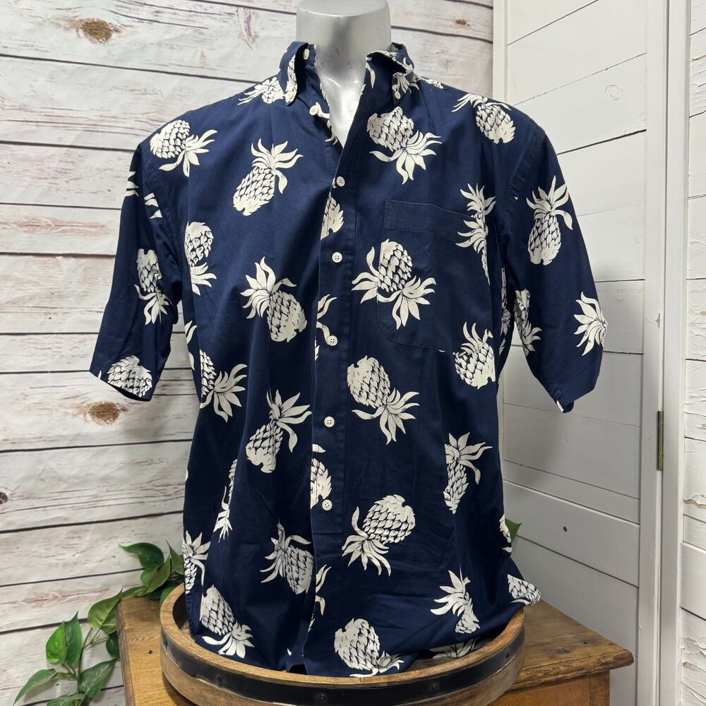 Nautica Shirt Men L Hawaiian Camp Shirt Short Sleeve Pocket Blue White Pineapple